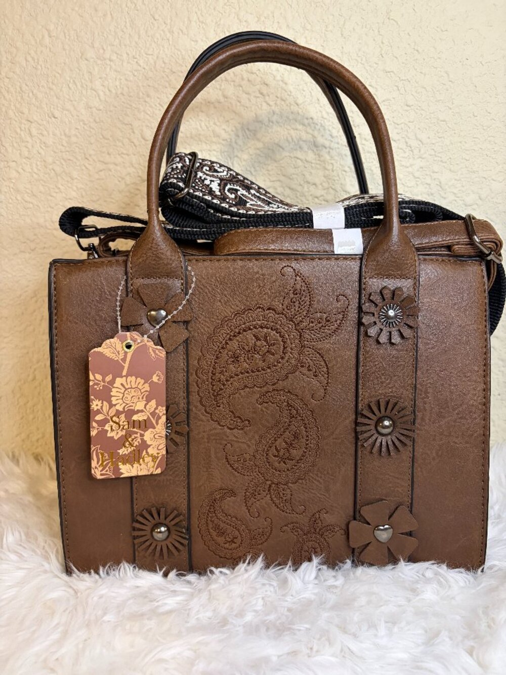 Sam & Hadley Western Paisley Tooled Satchel Brown Crossbody Purse NWT